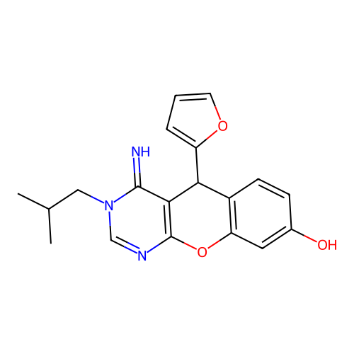 5-(furan-2-yl)-4-imino-3-(2-methylpropyl)-3,5-dihydro-4H-chromeno[2,3-d]pyrimidin-8-ol structure