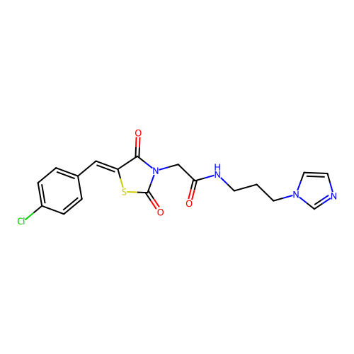 2-[(5Z)-5-(4-chlorobenzylidene)-2,4-dioxo-1,3-thiazolidin-3-yl]-N-[3-(1H-imidazol-1-yl)propyl]acetamide structure