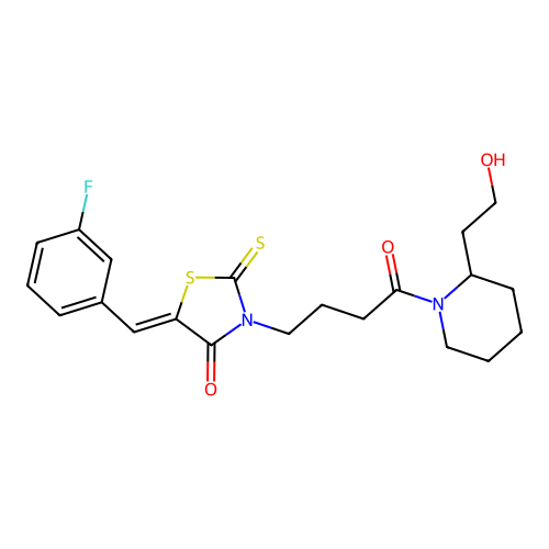 (5Z)-5-(3-fluorobenzylidene)-3-{4-[2-(2-hydroxyethyl)piperidin-1-yl]-4-oxobutyl}-2-thioxo-1,3-thiazolidin-4-one structure