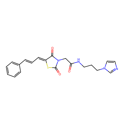 2-{(5Z)-2,4-dioxo-5-[(2E)-3-phenylprop-2-en-1-ylidene]-1,3-thiazolidin-3-yl}-N-[3-(1H-imidazol-1-yl)propyl]acetamide structure