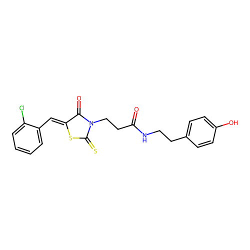 (Z)-3-(5-(2-chlorobenzylidene)-4-oxo-2-thioxothiazolidin-3-yl)-N-(4-hydroxyphenethyl)propanamide structure