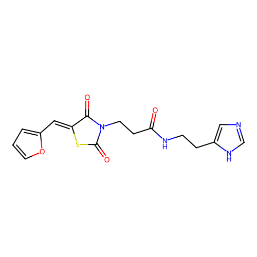 3-[5-(2-furylmethylene)-2,4-dioxo(1,3-thiazolidin-3-yl)]-N-(2-imidazol-4-yleth yl)propanamide structure