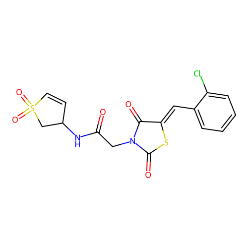 2-[(5Z)-5-(2-chlorobenzylidene)-2,4-dioxo-1,3-thiazolidin-3-yl]-N-(1,1-dioxido-2,3-dihydrothiophen-3-yl)acetamide structure