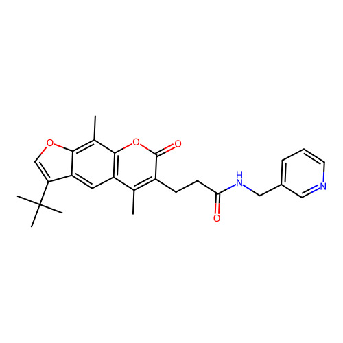 3-(3-(tert-butyl)-5,9-dimethyl-7-oxo-7H-furo[3,2-g]chromen-6-yl)-N-(pyridin-3-ylmethyl)propanamide structure