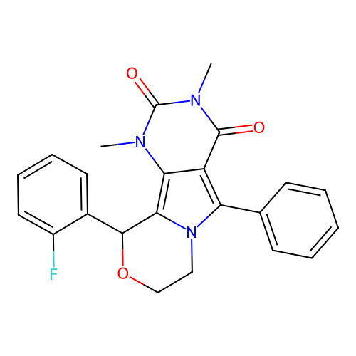 10-(2-fluorophenyl)-1,3-dimethyl-5-phenyl-1,7,8,10-tetrahydro-2H-pyrimido[4',5':3,4]pyrrolo[2,1-c][1,4]oxazine-2,4(3H)-dione structure