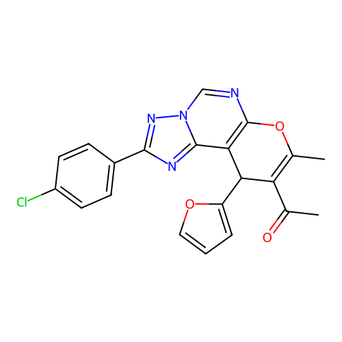 1-(2-(4-chlorophenyl)-10-(furan-2-yl)-8-methyl-10H-pyrano[3,2-e][1,2,4]triazolo[1,5-c]pyrimidin-9-yl)ethanone structure
