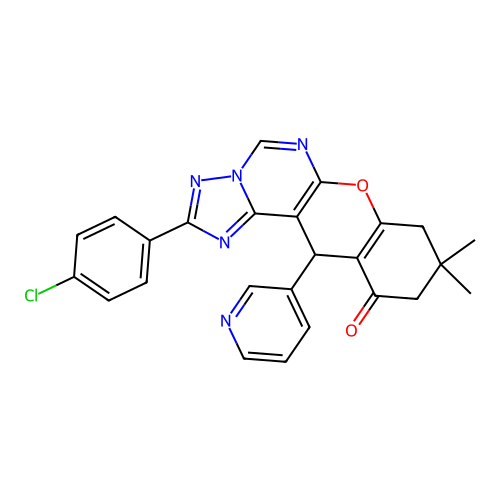 2-(4-chlorophenyl)-9,9-dimethyl-12-(pyridin-3-yl)-8,9,10,12-tetrahydro-11H-chromeno[3,2-e][1,2,4]triazolo[1,5-c]pyrimidin-11-one structure