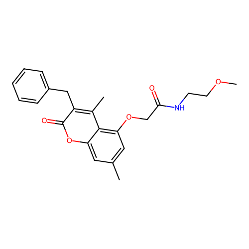 2-[(3-benzyl-4,7-dimethyl-2-oxo-2H-chromen-5-yl)oxy]-N-(2-methoxyethyl)acetamide structure