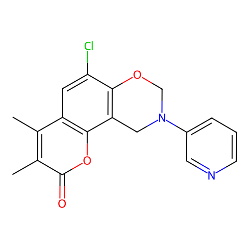 6-chloro-3,4-dimethyl-9-(pyridin-3-yl)-9,10-dihydro-2H,8H-chromeno[8,7-e][1,3]oxazin-2-one structure