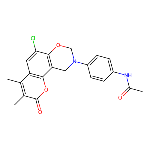 N-(4-(6-chloro-3,4-dimethyl-2-oxochromeno[8,7-e][1,3]oxazin-9(2H,8H,10H)-yl)phenyl)acetamide structure