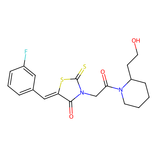 (5Z)-5-(3-fluorobenzylidene)-3-{2-[2-(2-hydroxyethyl)piperidin-1-yl]-2-oxoethyl}-2-thioxo-1,3-thiazolidin-4-one structure