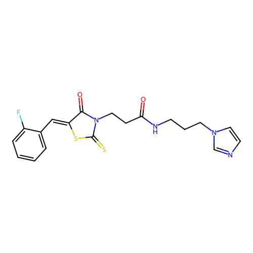 3-[(5Z)-5-[(2-fluorophenyl)methylidene]-4-oxo-2-sulfanylidene-1,3-thiazolidin-3-yl]-N-(3-imidazol-1-ylpropyl)propanamide structure