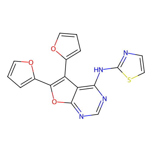 5,6-di(furan-2-yl)-N-(1,3-thiazol-2-yl)furo[2,3-d]pyrimidin-4-amine structure