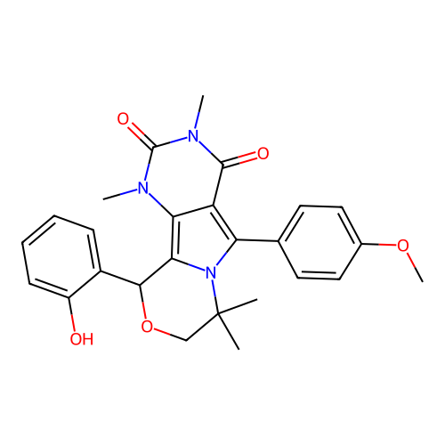 10-(2-hydroxyphenyl)-5-(4-methoxyphenyl)-1,3,7,7-tetramethyl-1,7,8,10-tetrahydro-2H-pyrimido[4',5':3,4]pyrrolo[2,1-c][1,4]oxazine-2,4(3H)-dione structure