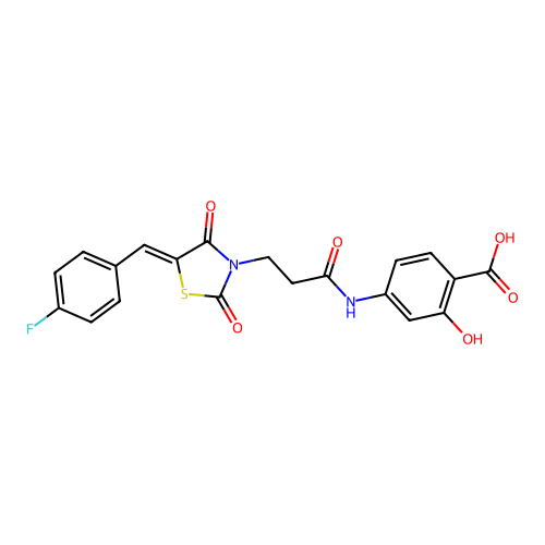 4-({3-[(5Z)-5-(4-fluorobenzylidene)-2,4-dioxo-1,3-thiazolidin-3-yl]propanoyl}amino)-2-hydroxybenzoic acid structure