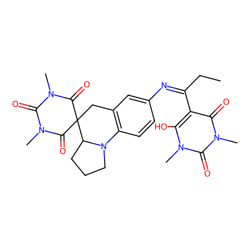 7'-((1-(1,3-dimethyl-2,4,6-trioxotetrahydropyrimidin-5(2H)-ylidene)propyl)amino)-1,3-dimethyl-2',3',3a',5'-tetrahydro-1H,1'H-spiro[pyrimidine-5,4'-pyrrolo[1,2-a]quinoline]-2,4,6(3H)-trione structure
