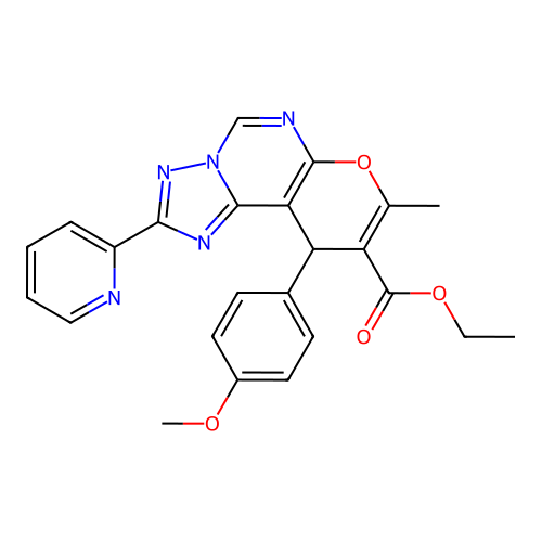 ethyl 10-(4-methoxyphenyl)-8-methyl-2-(pyridin-2-yl)-10H-pyrano[3,2-e][1,2,4]triazolo[1,5-c]pyrimidine-9-carboxylate structure