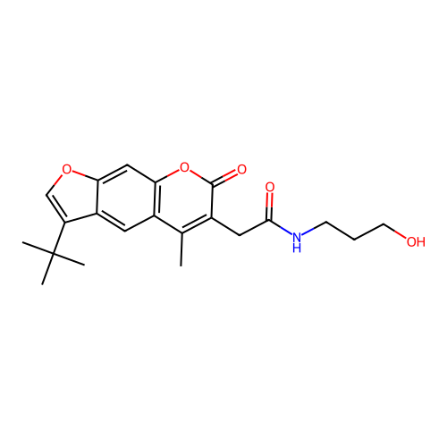 2-(3-tert-butyl-5-methyl-7-oxo-7H-furo[3,2-g]chromen-6-yl)-N-(3-hydroxypropyl)acetamide structure