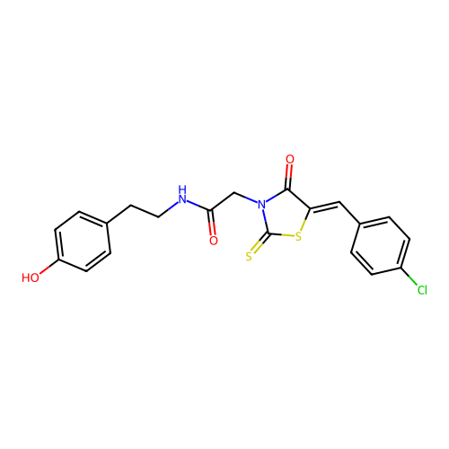 2-[(5Z)-5-(4-chlorobenzylidene)-4-oxo-2-thioxo-1,3-thiazolidin-3-yl]-N-[2-(4-hydroxyphenyl)ethyl]acetamide structure
