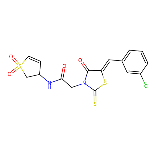 2-[(5Z)-5-(3-chlorobenzylidene)-4-oxo-2-thioxo-1,3-thiazolidin-3-yl]-N-(1,1-dioxido-2,3-dihydrothiophen-3-yl)acetamide structure