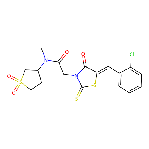 (Z)-2-(5-(2-chlorobenzylidene)-4-oxo-2-thioxothiazolidin-3-yl)-N-(1,1-dioxidotetrahydrothiophen-3-yl)-N-methylacetamide structure