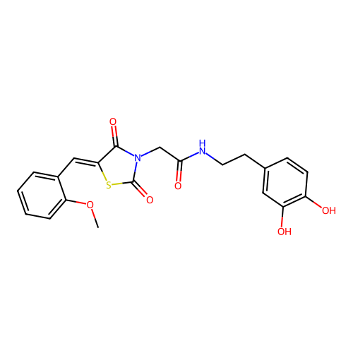 (Z)-N-(3,4-dihydroxyphenethyl)-2-(5-(2-methoxybenzylidene)-2,4-dioxothiazolidin-3-yl)acetamide structure