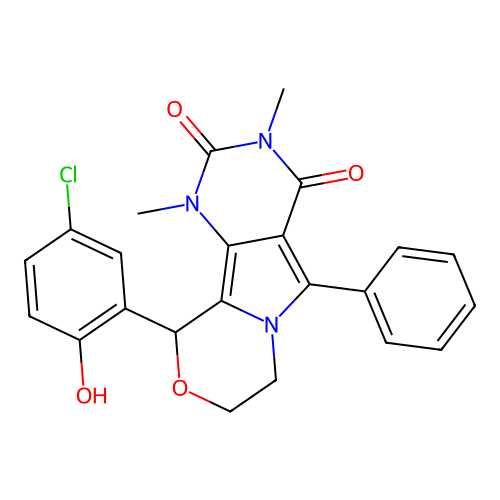 10-(5-chloro-2-hydroxyphenyl)-1,3-dimethyl-5-phenyl-1,7,8,10-tetrahydro-2H-pyrimido[4',5':3,4]pyrrolo[2,1-c][1,4]oxazine-2,4(3H)-dione structure
