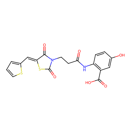 2-({3-[(5Z)-2,4-dioxo-5-(thiophen-2-ylmethylidene)-1,3-thiazolidin-3-yl]propanoyl}amino)-5-hydroxybenzoic acid structure