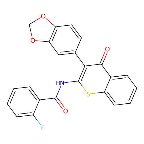 N-[3-(1,3-benzodioxol-5-yl)-4-oxo-4H-thiochromen-2-yl]-2-fluorobenzamide structure