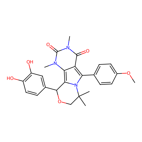 10-(3,4-dihydroxyphenyl)-5-(4-methoxyphenyl)-1,3,7,7-tetramethyl-1,7,8,10-tetrahydro-2H-pyrimido[4',5':3,4]pyrrolo[2,1-c][1,4]oxazine-2,4(3H)-dione structure