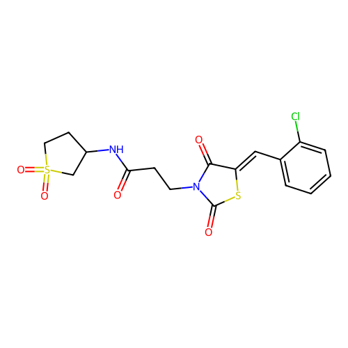 3-[(5Z)-5-(2-chlorobenzylidene)-2,4-dioxo-1,3-thiazolidin-3-yl]-N-(1,1-dioxidotetrahydrothiophen-3-yl)propanamide structure