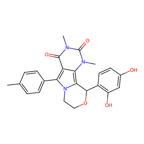 10-(2,4-dihydroxyphenyl)-1,3-dimethyl-5-(4-methylphenyl)-1,7,8,10-tetrahydro-2H-pyrimido[4',5':3,4]pyrrolo[2,1-c][1,4]oxazine-2,4(3H)-dione structure