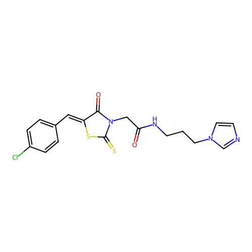 2-[(5Z)-5-(4-chlorobenzylidene)-4-oxo-2-thioxo-1,3-thiazolidin-3-yl]-N-[3-(1H-imidazol-1-yl)propyl]acetamide structure