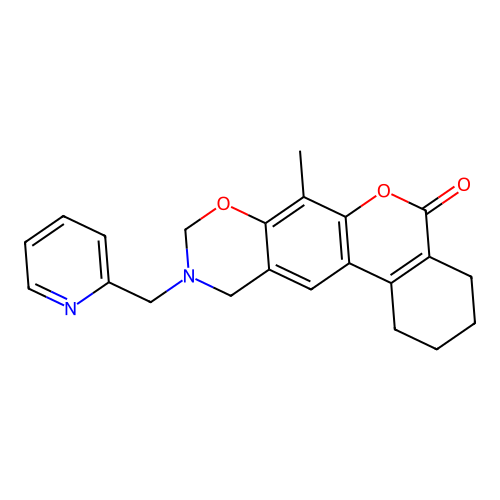7-methyl-10-(pyridin-2-ylmethyl)-1,2,3,4,10,11-hexahydro-5H,9H-benzo[3,4]chromeno[6,7-e][1,3]oxazin-5-one structure