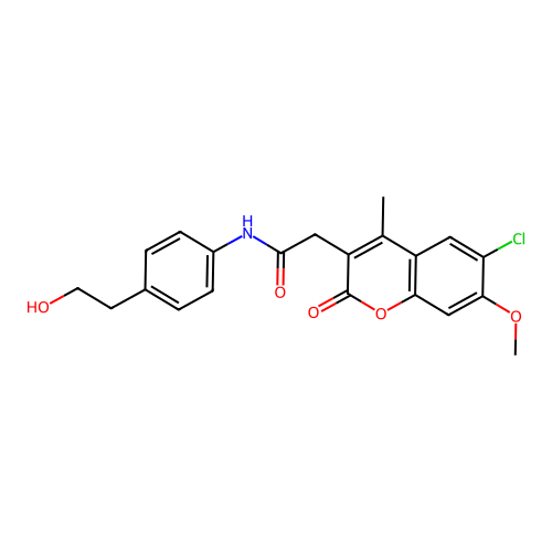 2-(6-chloro-7-methoxy-4-methyl-2-oxo-chromen-3-yl)-N-[4-(2-hydroxyethyl)phenyl]acetamide structure