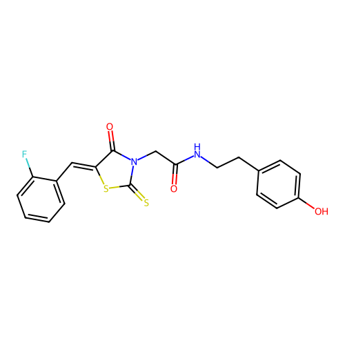 (Z)-2-(5-(2-fluorobenzylidene)-4-oxo-2-thioxothiazolidin-3-yl)-N-(4-hydroxyphenethyl)acetamide structure