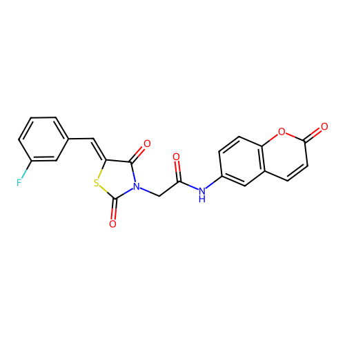 2-[(5Z)-5-(3-fluorobenzylidene)-2,4-dioxo-1,3-thiazolidin-3-yl]-N-(2-oxo-2H-chromen-6-yl)acetamide structure