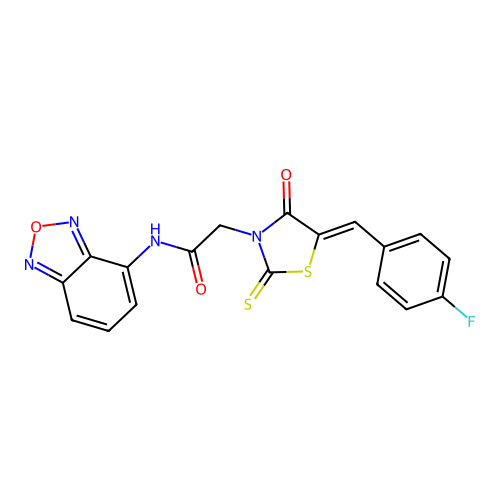 N-(2,1,3-benzoxadiazol-4-yl)-2-[(5Z)-5-(4-fluorobenzylidene)-4-oxo-2-thioxo-1,3-thiazolidin-3-yl]acetamide structure