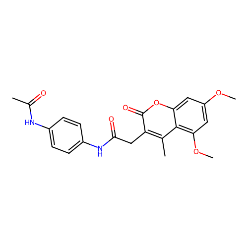 N-(4-acetamidophenyl)-2-(5,7-dimethoxy-4-methyl-2-oxo-2H-chromen-3-yl)acetamide structure