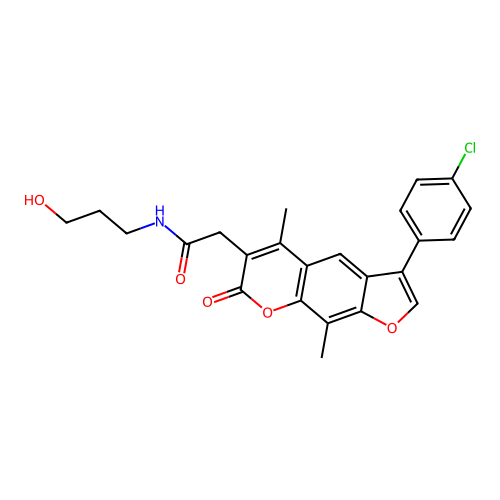 2-(3-(4-chlorophenyl)-5,9-dimethyl-7-oxo-7H-furo[3,2-g]chromen-6-yl)-N-(3-hydroxypropyl)acetamide structure