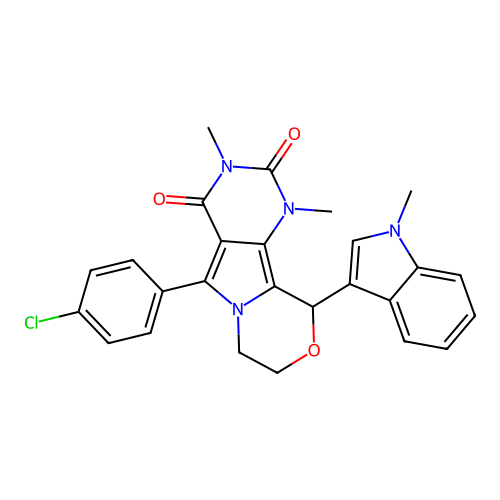 5-(4-chlorophenyl)-1,3-dimethyl-10-(1-methyl-1H-indol-3-yl)-1,7,8,10-tetrahydro-2H-pyrimido[4',5':3,4]pyrrolo[2,1-c][1,4]oxazine-2,4(3H)-dione structure