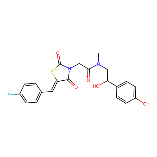 2-[(5Z)-5-(4-fluorobenzylidene)-2,4-dioxo-1,3-thiazolidin-3-yl]-N-[2-hydroxy-2-(4-hydroxyphenyl)ethyl]-N-methylacetamide structure