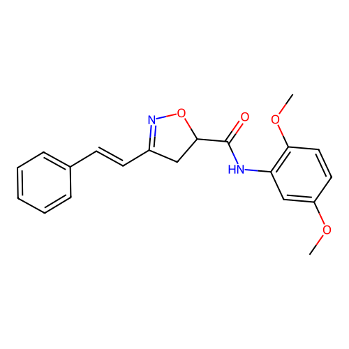 N-(2,5-dimethoxyphenyl)-3-[(E)-2-phenylethenyl]-4,5-dihydro-1,2-oxazole-5-carboxamide structure