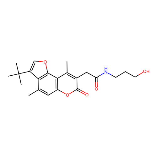 2-(3-tert-butyl-4,9-dimethyl-7-oxofuro[2,3-f]chromen-8-yl)-N-(3-hydroxypropyl)acetamide structure