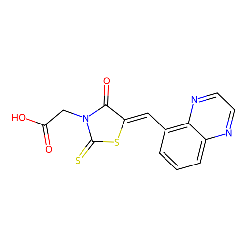 [(5Z)-4-oxo-5-(quinoxalin-5-ylmethylidene)-2-thioxo-1,3-thiazolidin-3-yl]acetic acid structure