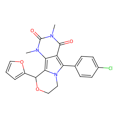 5-(4-chlorophenyl)-10-(furan-2-yl)-1,3-dimethyl-1,7,8,10-tetrahydro-2H-pyrimido[4',5':3,4]pyrrolo[2,1-c][1,4]oxazine-2,4(3H)-dione structure