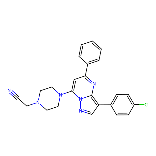 {4-[3-(4-chlorophenyl)-5-phenylpyrazolo[1,5-a]pyrimidin-7-yl]piperazin-1-yl}acetonitrile structure