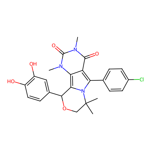 5-(4-chlorophenyl)-10-(3,4-dihydroxyphenyl)-1,3,7,7-tetramethyl-1,7,8,10-tetrahydro-2H-pyrimido[4',5':3,4]pyrrolo[2,1-c][1,4]oxazine-2,4(3H)-dione structure
