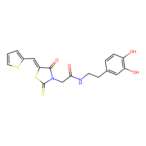 (Z)-N-(3,4-dihydroxyphenethyl)-2-(4-oxo-5-(thiophen-2-ylmethylene)-2-thioxothiazolidin-3-yl)acetamide structure