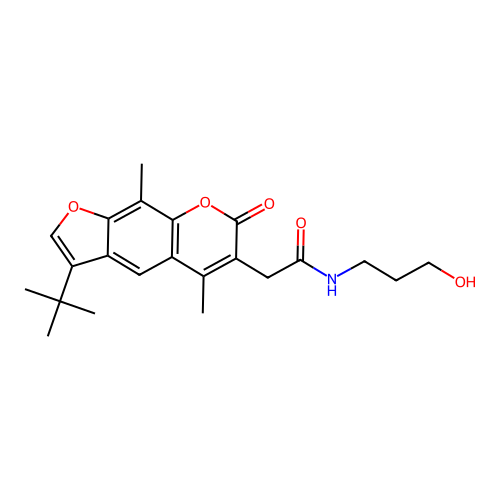 2-(3-tert-butyl-5,9-dimethyl-7-oxofuro[3,2-g]chromen-6-yl)-N-(3-hydroxypropyl)acetamide structure